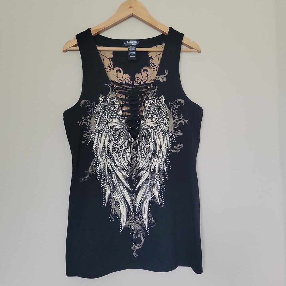 From Los Angeles Bus Stop Angel Wings Bling T Shirt Size L Y2K Biker Lace Up